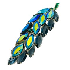 Vintage silver blue green rhinestine designer runway earrings brooch set