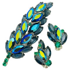 Set de broches pendientes de diseño de pasarela vintage plata azul verde estrás