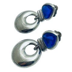Vintage silver blue heart rhinestone dangle designer clip on earrings