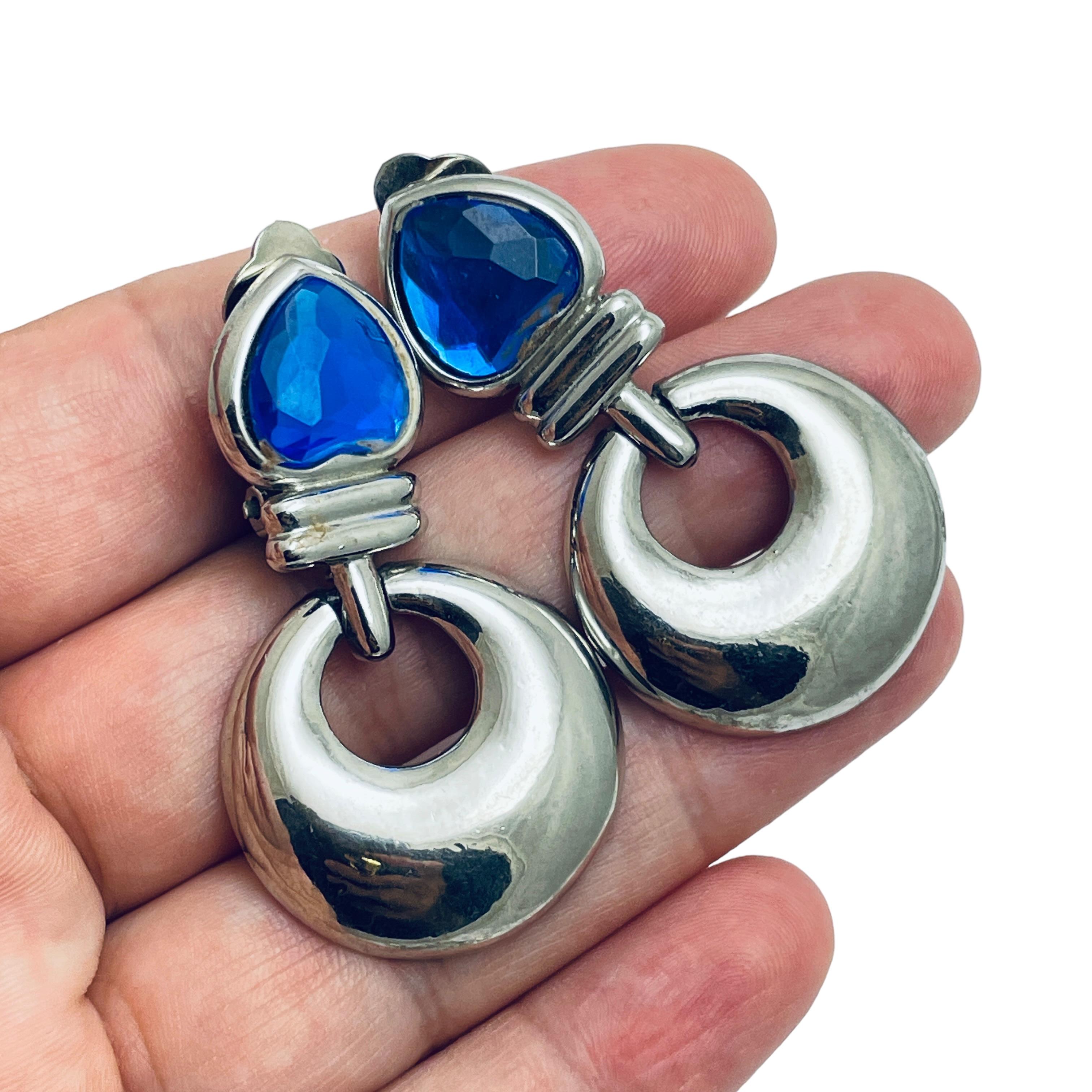 Vintage Silber blau Herz Strass baumeln Designer Clip auf Ohrringe Damen im Angebot