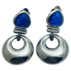 Vintage silver blue heart rhinestone dangle designer clip on earrings