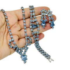 Vintage silver blue rhinestones earrings necklace bracelet parure set 1950's