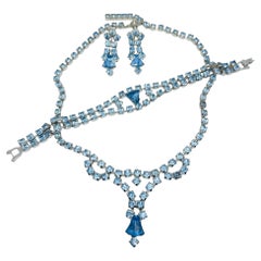 Vintage silver blue rhinestones earrings necklace bracelet parure set 1950's