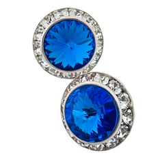 Vintage silver blue rivioli glass clear rhinestones designer earrings