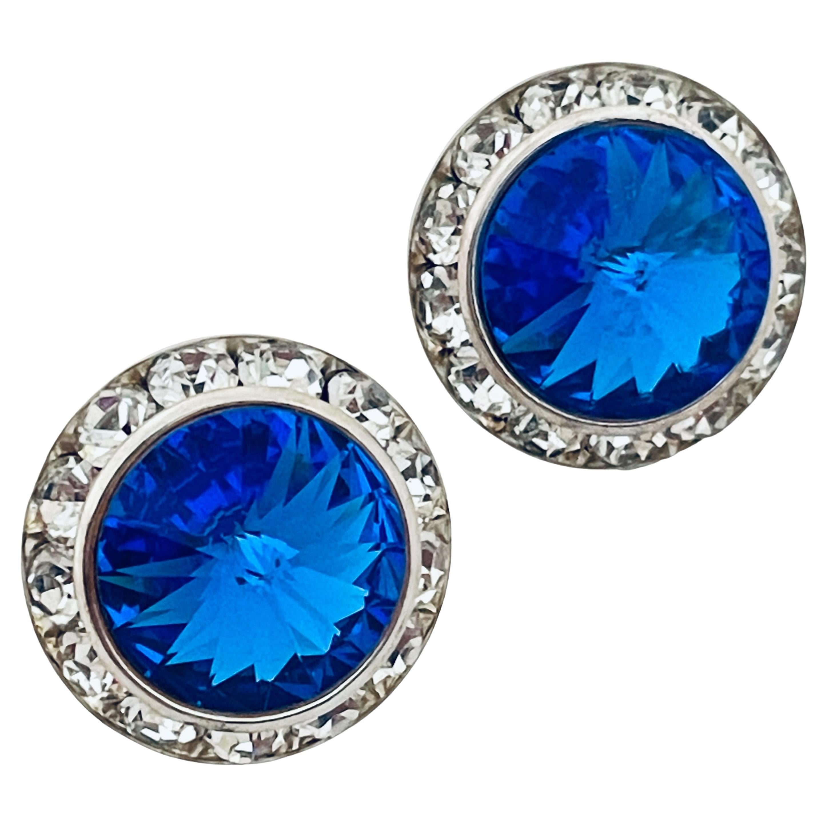 Orecchini vintage di design in vetro blu argento rivioli con strass chiari