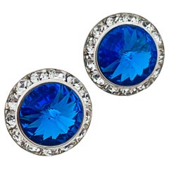Boucles d'oreilles vintage rivioli bleu argentées avec strass transparents
