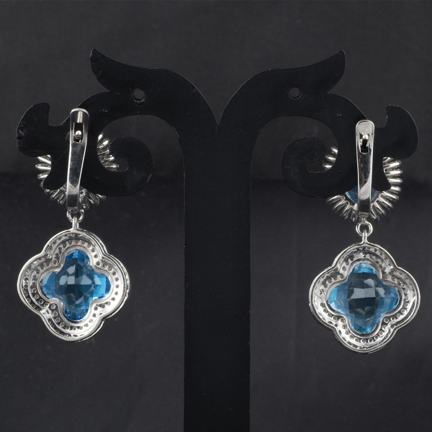 Round Cut Vintage Silver Blue Topaz Earrings, Antique Victorian Diamond Dangle Earrings For Sale