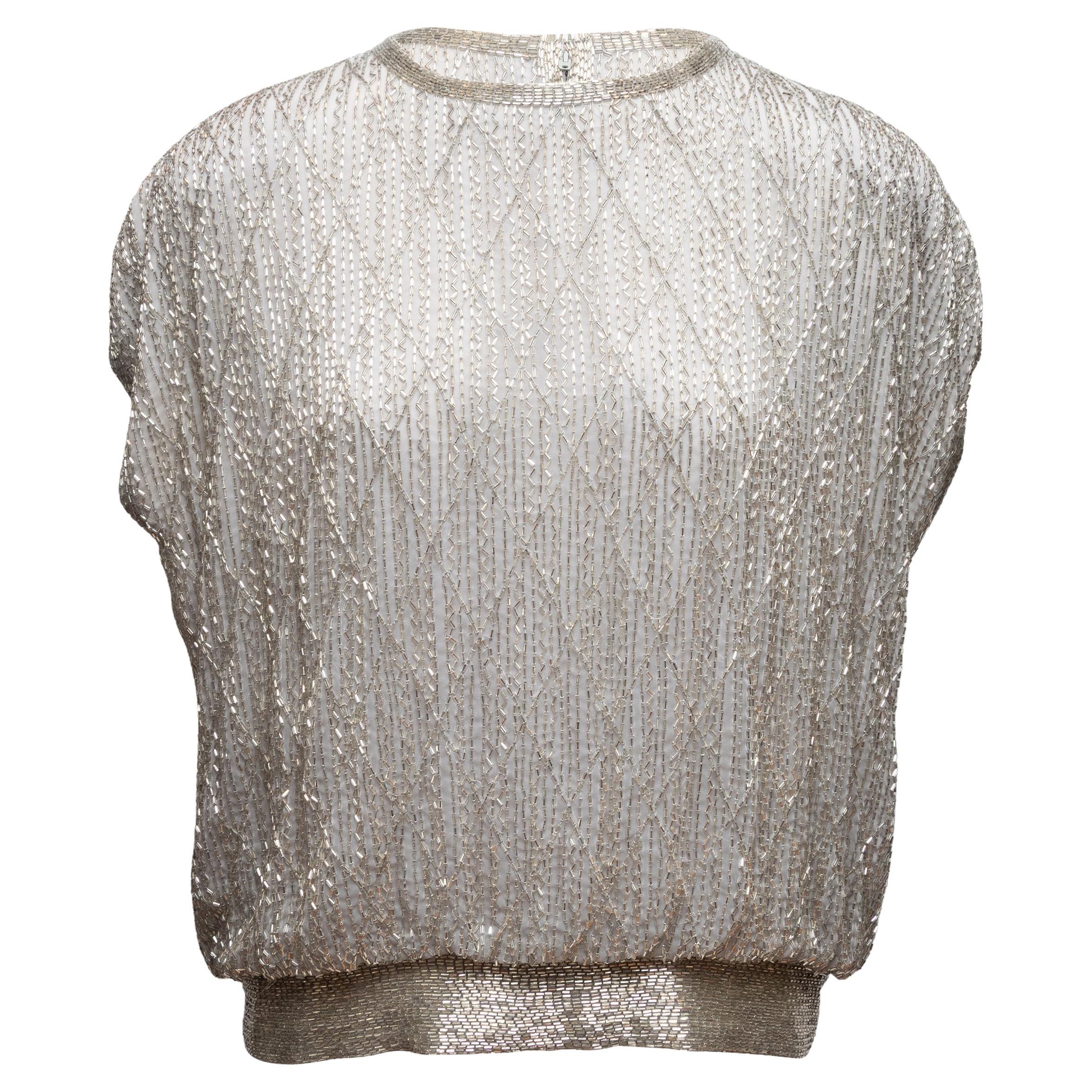 Vintage Silver Bob Mackie Beaded Cap Sleeve Top Size US M For Sale