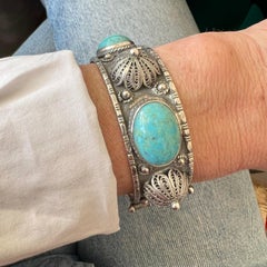 Vintage Silver Bracelet with Filigree Domes and Turquoise Stones