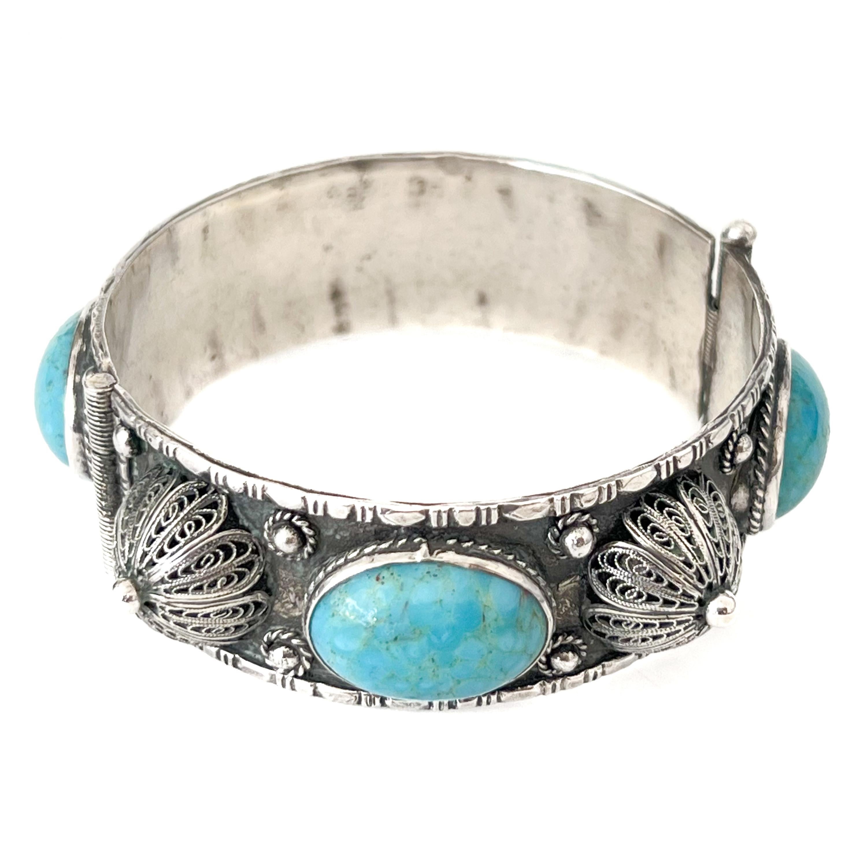 Women's or Men's Vintage Silver Bracelet with Filigree Domes and Turquoise Stones For Sale