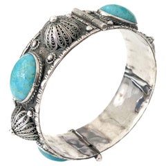 Vintage Silver Bracelet with Filigree Domes and Turquoise Stones