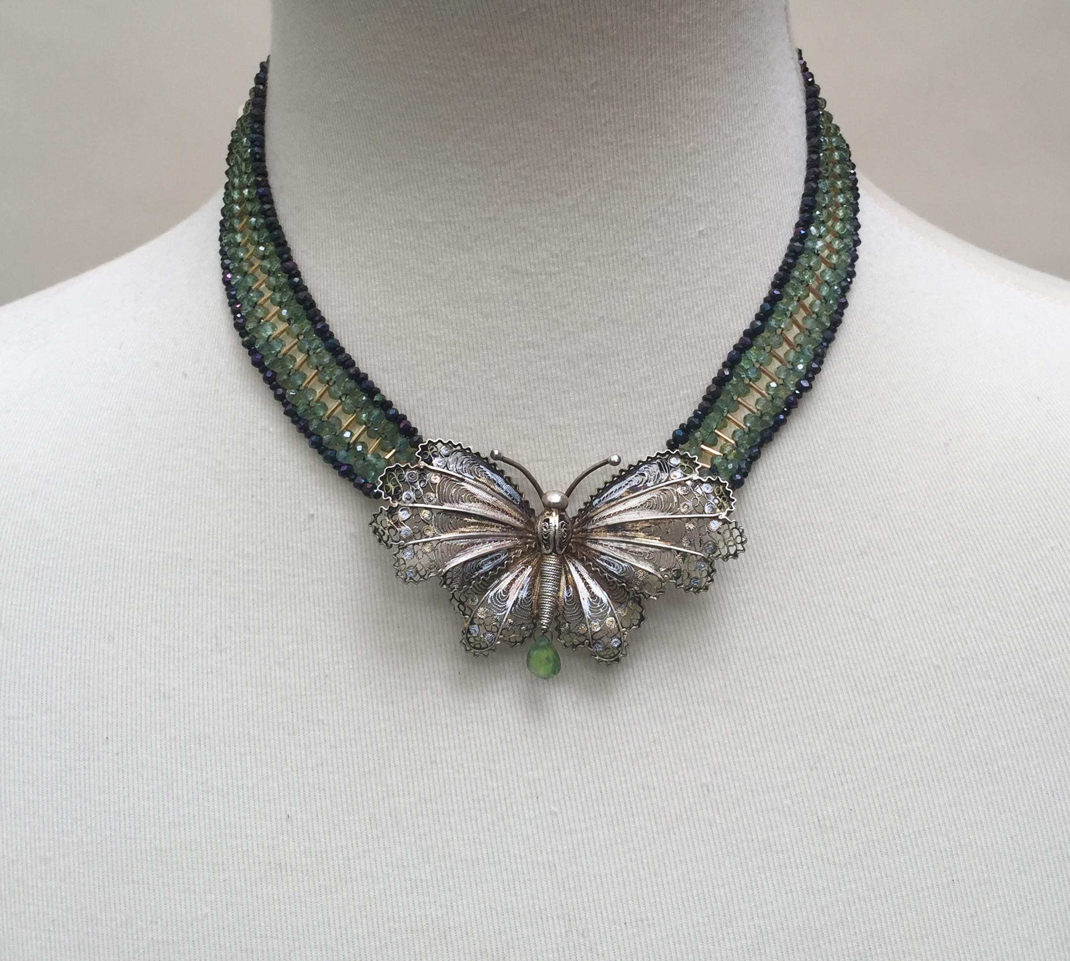 Marina J Vintage Silver Butterfly with Agate, Spinel and Yellow Gold Necklace In New Condition In Los Angeles, CA