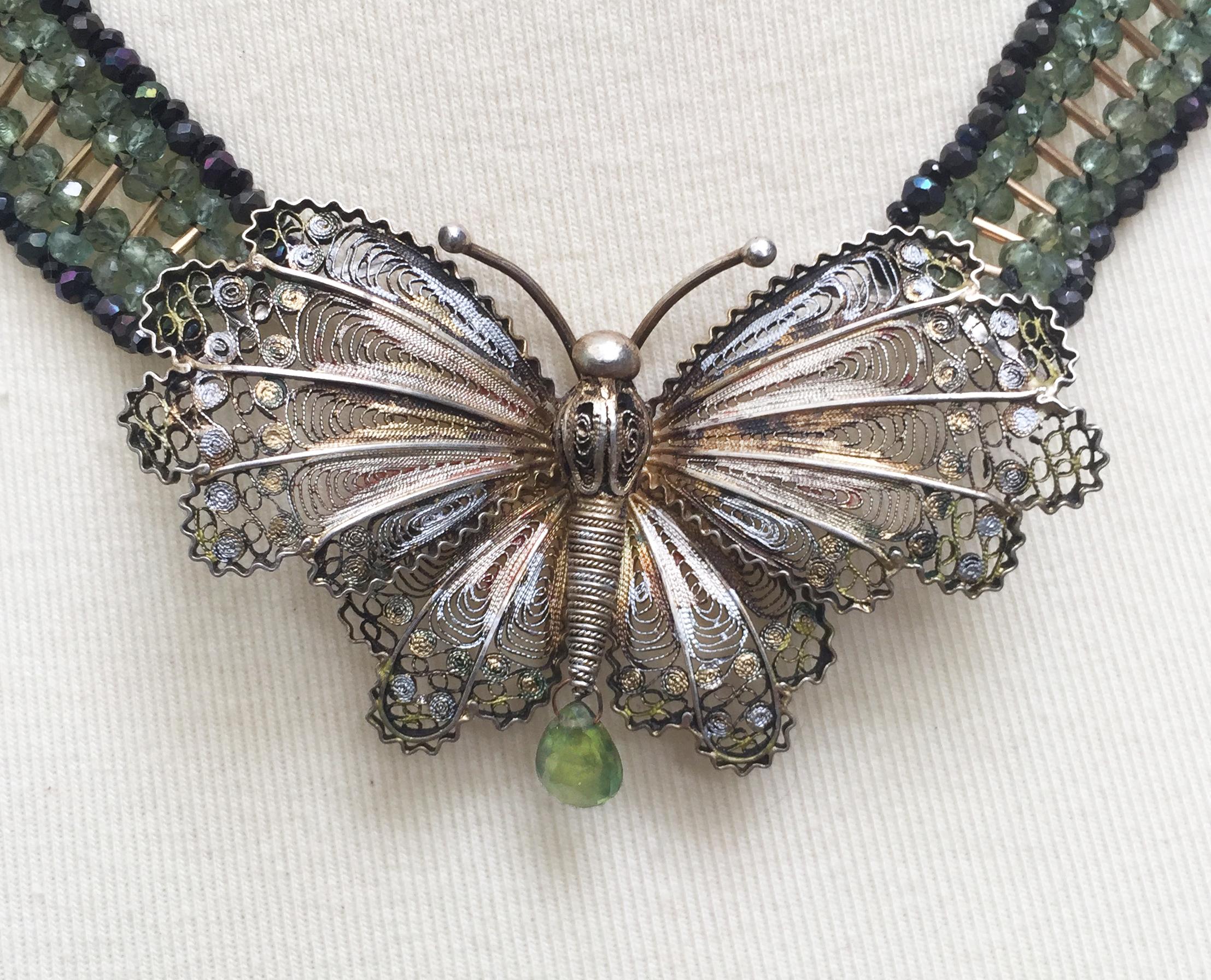 Women's Marina J Vintage Silver Butterfly with Agate, Spinel and Yellow Gold Necklace