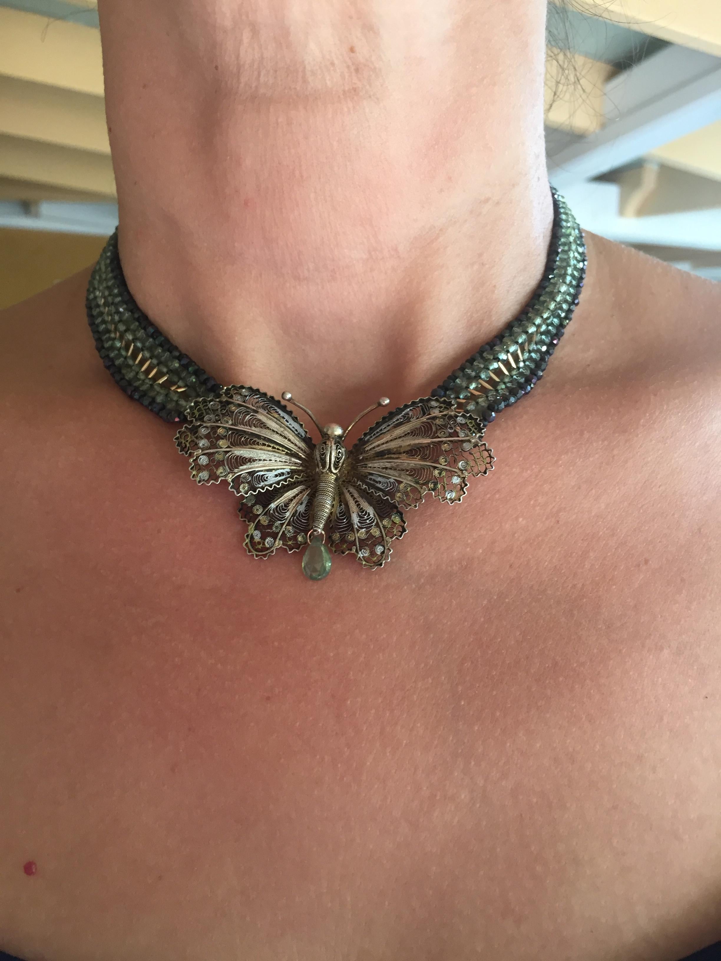Marina J Vintage Silver Butterfly with Agate, Spinel and Yellow Gold Necklace 2