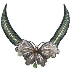 Marina J Vintage Silver Butterfly with Agate, Spinel and Yellow Gold Necklace