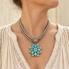 Vintage Silver Cabochon Turquoise Large Cluster Flower Pendant Curb Link Chain