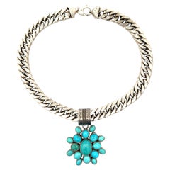 Vintage Silver Cabochon Turquoise Large Cluster Flower Pendant Curb Link Chain