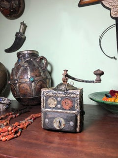 Early 1900s Moroccan Coffee Hand-Grinder Ebony, Silver, Camel Bone, Coins