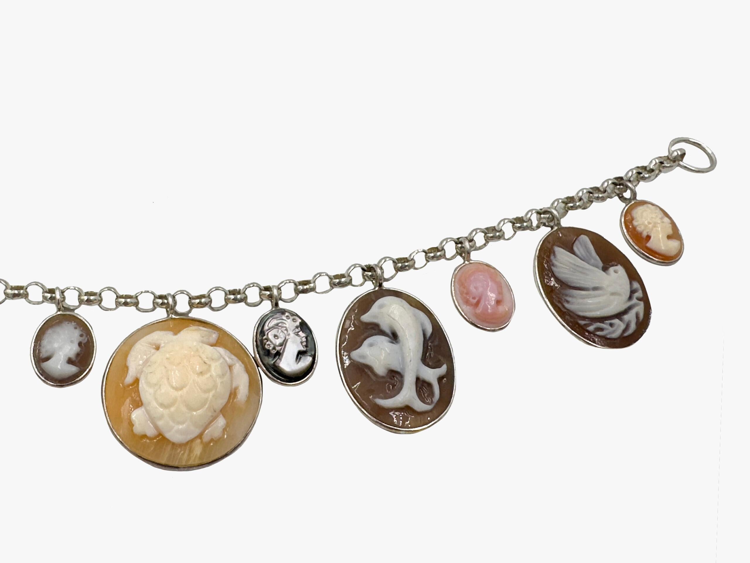 Women's or Men's Vintage Silver Cameo Charms Bracelet, 1990s