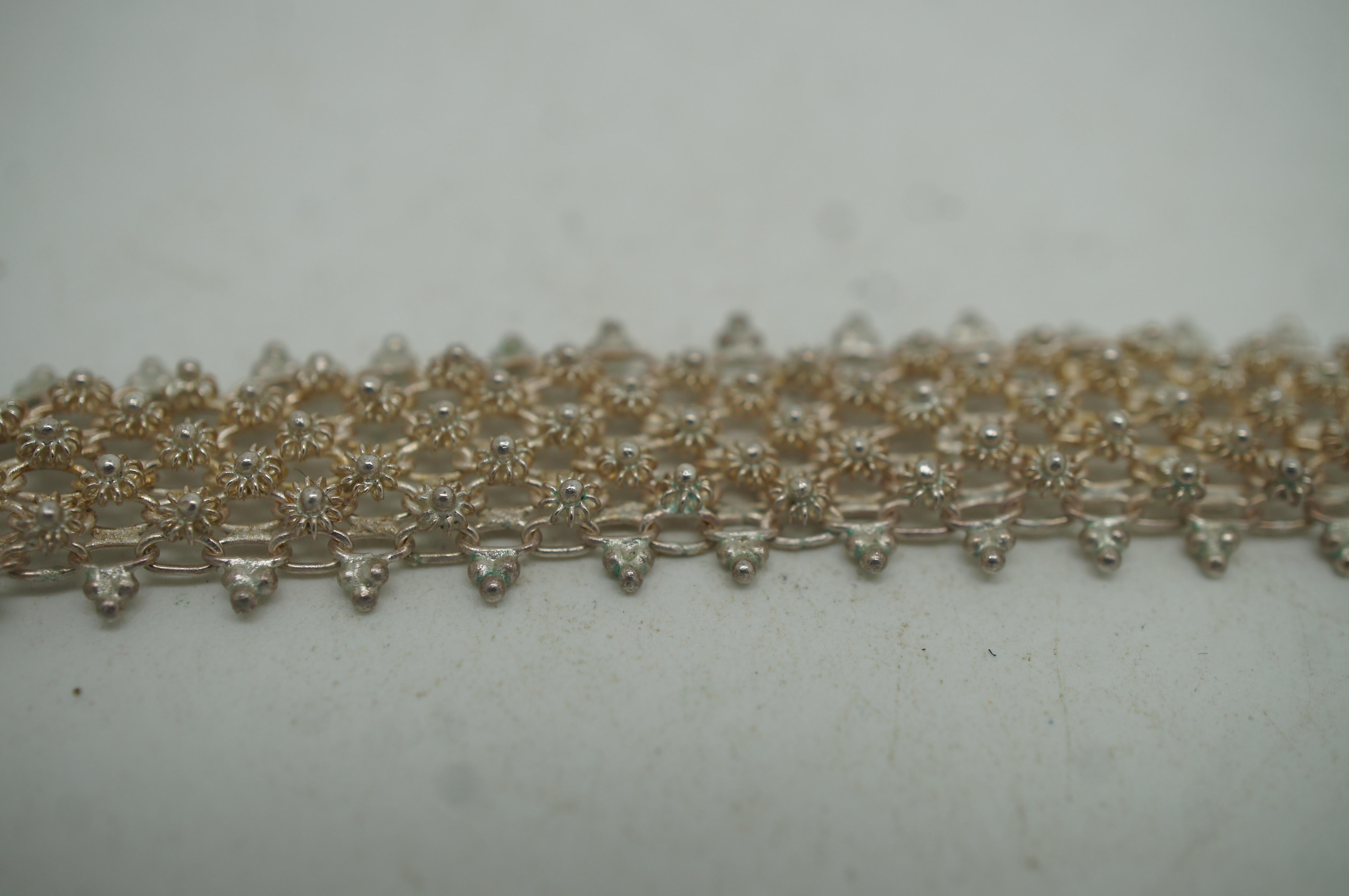 Vintage Silver Cannetille Woven Mesh Etruscan Floral Ball Filigree Bracelet 3