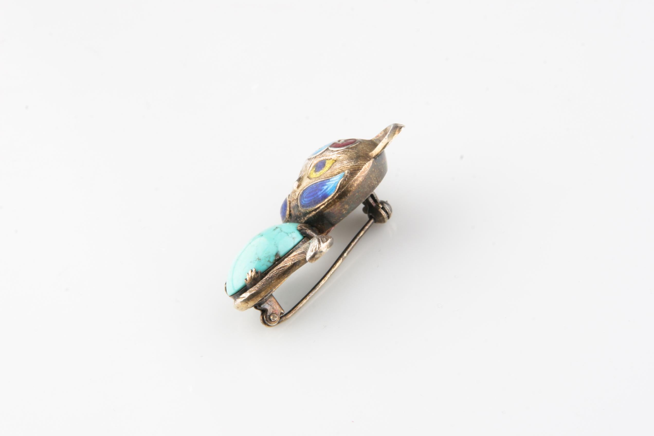 Cabochon Vintage Silver Cat Enamel & Turquoise Brooch For Sale