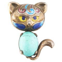 Vintage Silver Cat Enamel & Turquoise Brooch