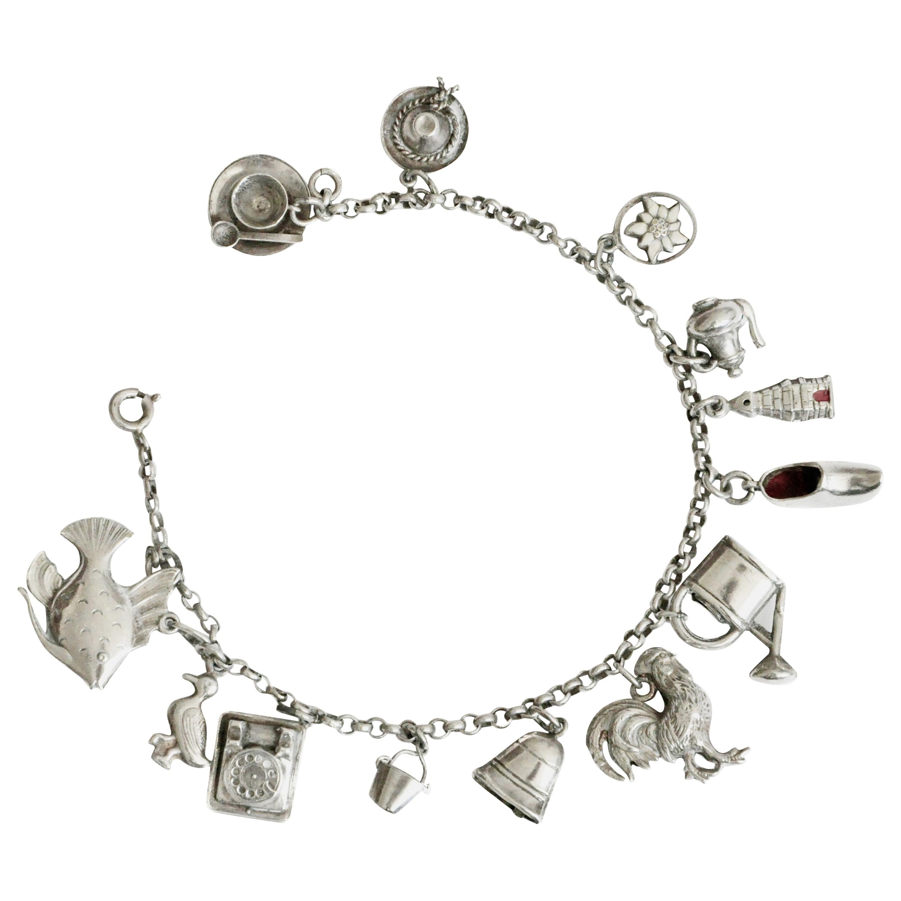 Vintage Silver Charm Link Bracelet