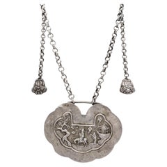 Vintage Silver Chinese Ruyi Lock and Bell Strand Necklace