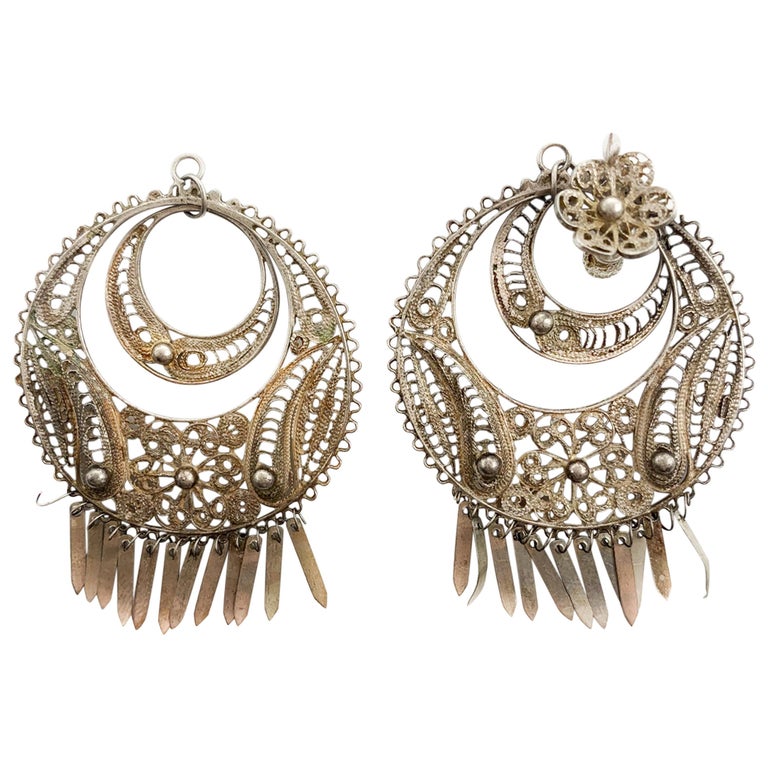 Vintage Silver Circle Chandelier Earrings For Sale at 1stDibs