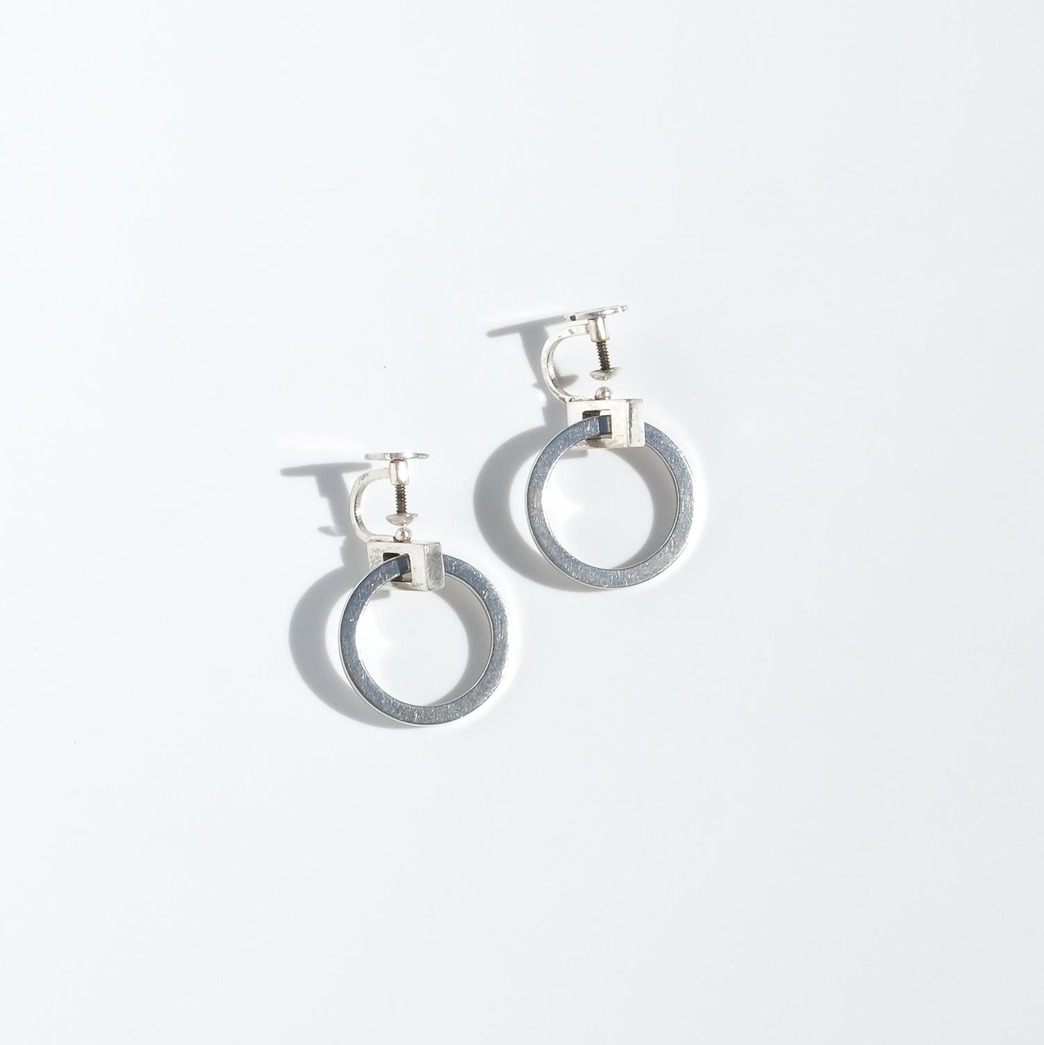 Women's or Men's Vintage Silver Circle Earrings by Swedens silvermaster Wiwen Nilsson Made 1955
