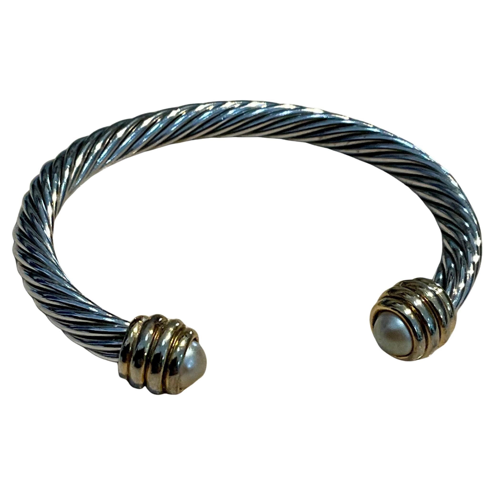 Bracciale classico a cavo in argento vintage con accenti di perle in vendita