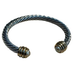 Vintage Silver Classic Cable Bracelet with Pearl Accents