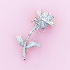 Vintage Silver Crystal Pavé Long Stem Rose Figural Brooch by Nolan Miller, 1990s