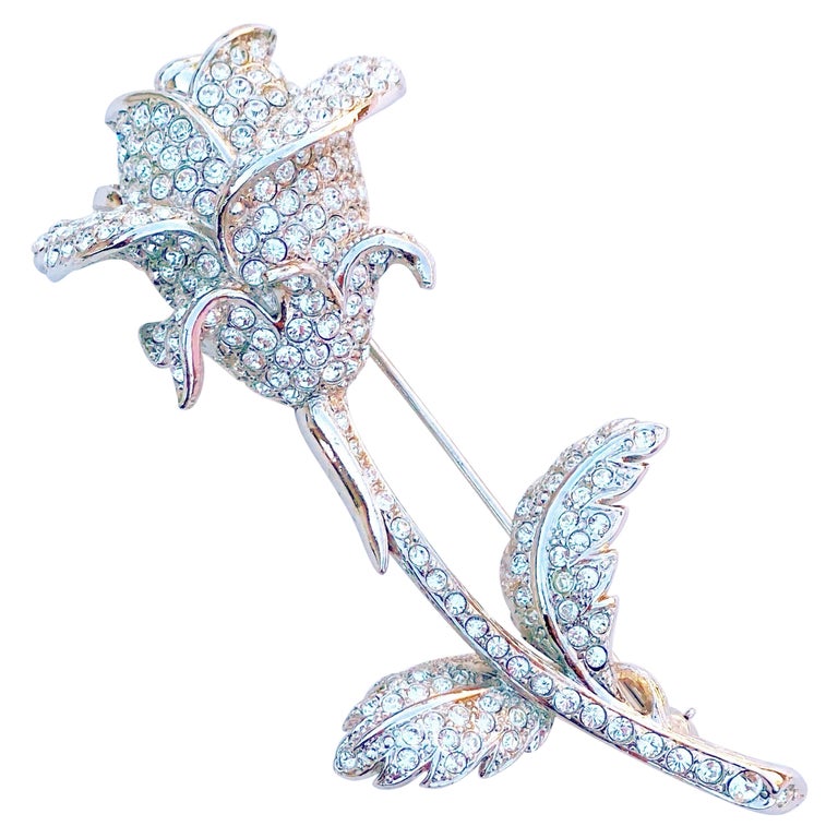 Vintage Silver Crystal Pavé Long Stem Rose Figural Brooch by Nolan