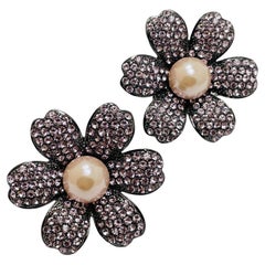 Vintage silver crystal pearl flower designer clip on earrings