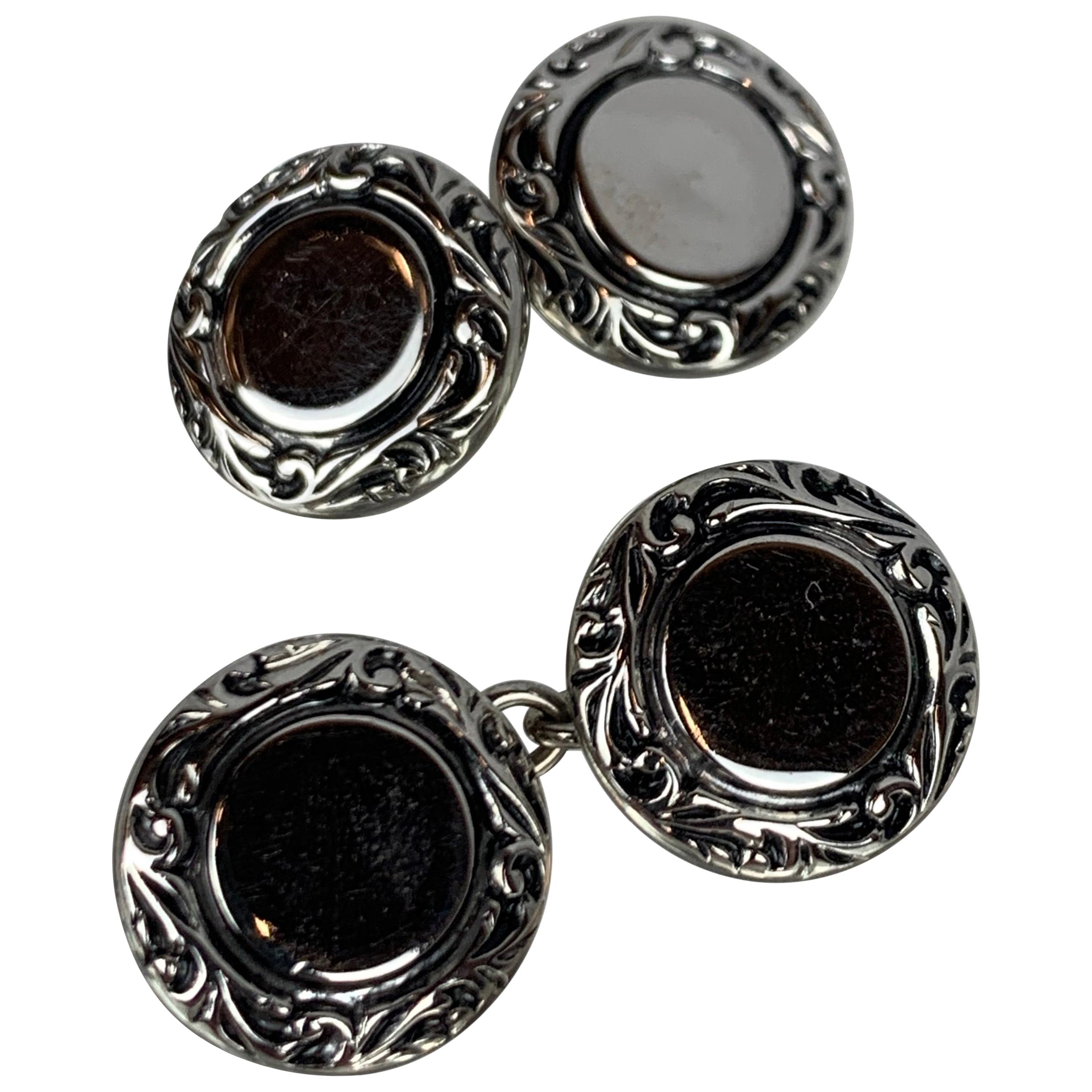 A Pair of Double Round Silver Tone Cufflinks with Scrolled Raised Borders For Sale 4