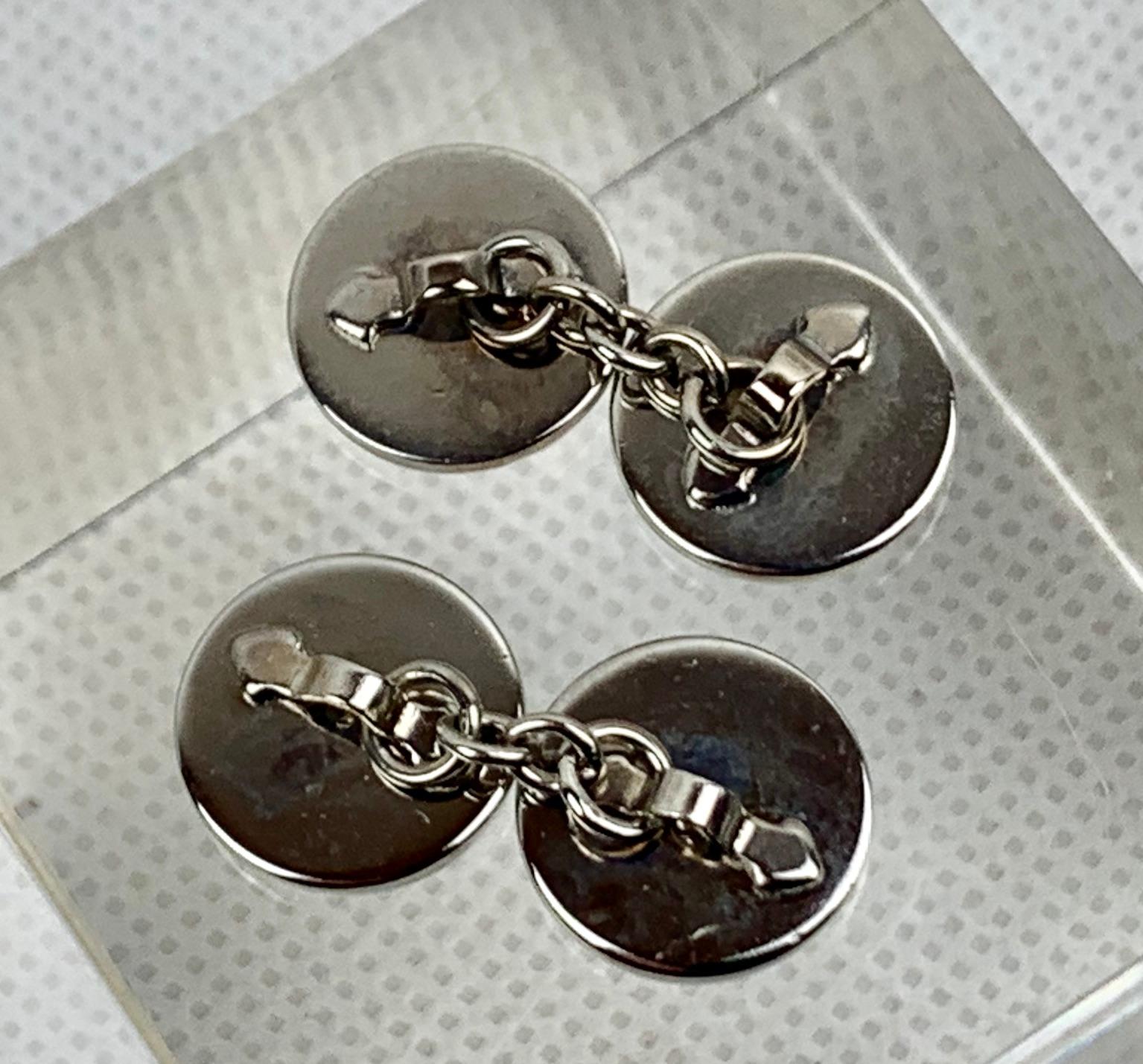 Edwardian A Pair of Double Round Silver Tone Cufflinks with Scrolled Raised Borders For Sale