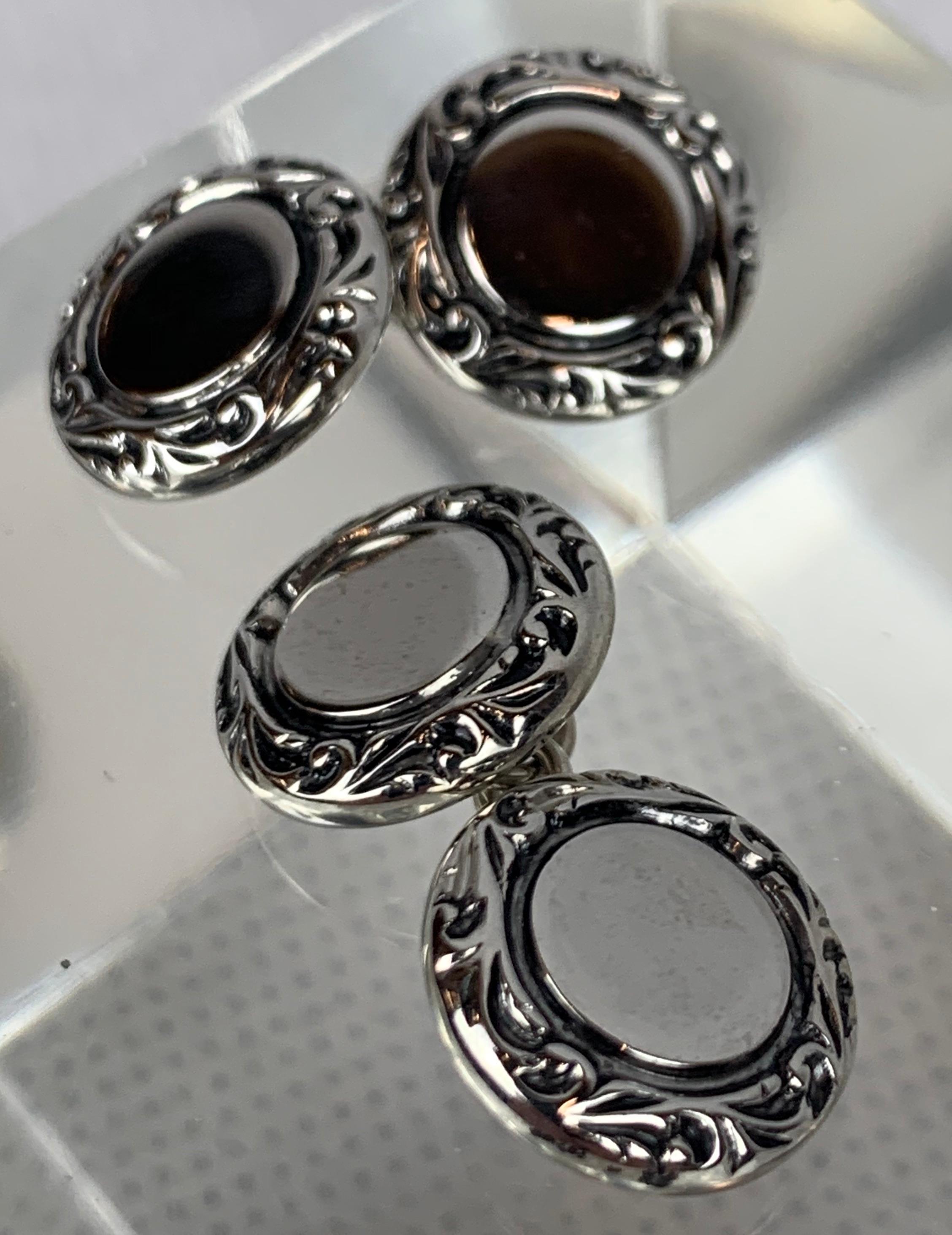 Women's or Men's A Pair of Double Round Silver Tone Cufflinks with Scrolled Raised Borders For Sale