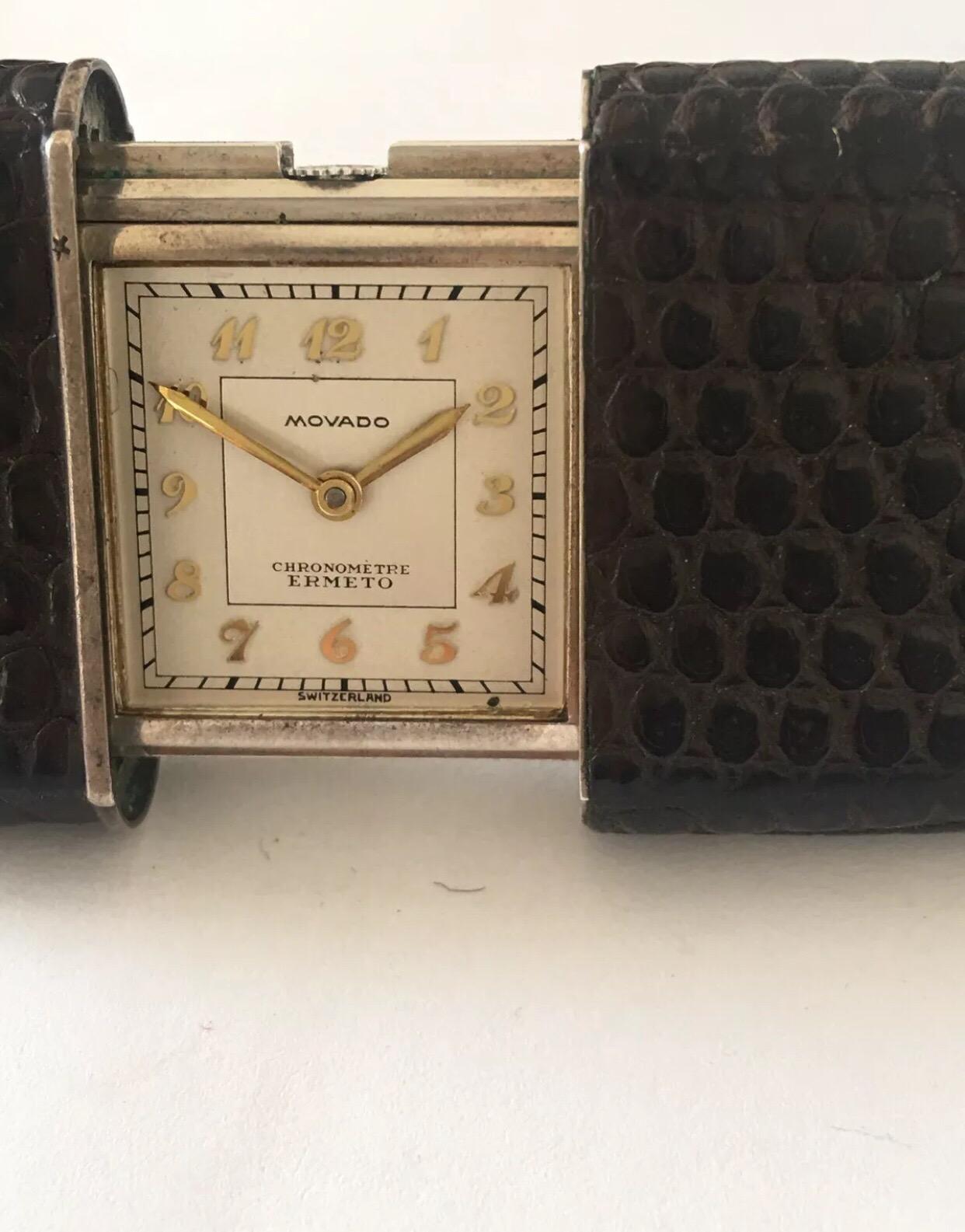 Vintage Silver Dark Brown Snake Skin Movado Chrometre Ermeto Travel Clock In Good Condition In Carlisle, GB