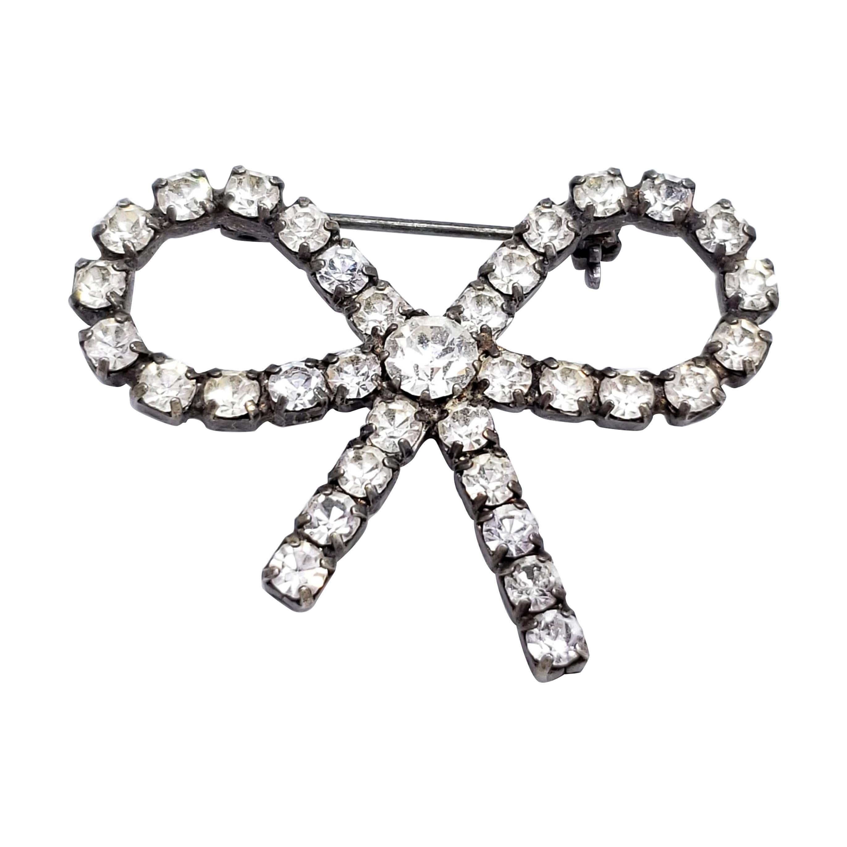 Vintage Silver Dazzling Bow Pin with Crystals, Mid 1900s For Sale