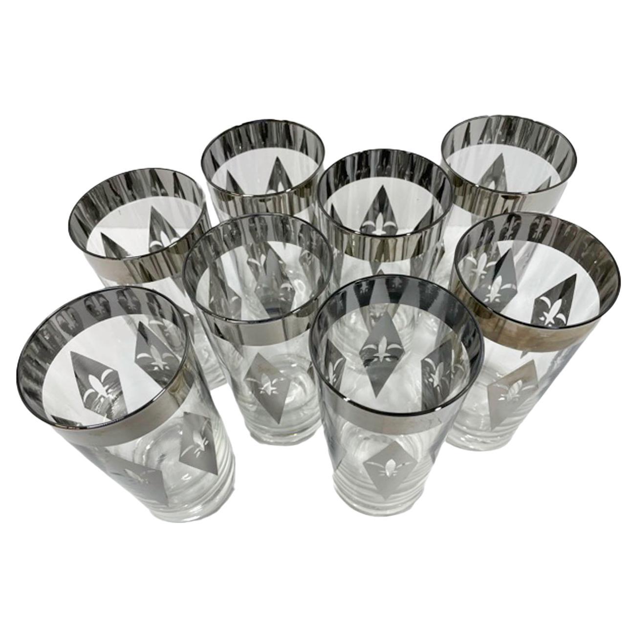 Vintage Silver Decorated Highball Glasses with Fleur de Lis in Elongated Diamond For Sale