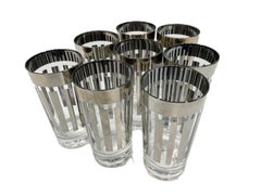 Vintage Silver Decorated Highball Glasses with Vertical Bars below a Wide Band