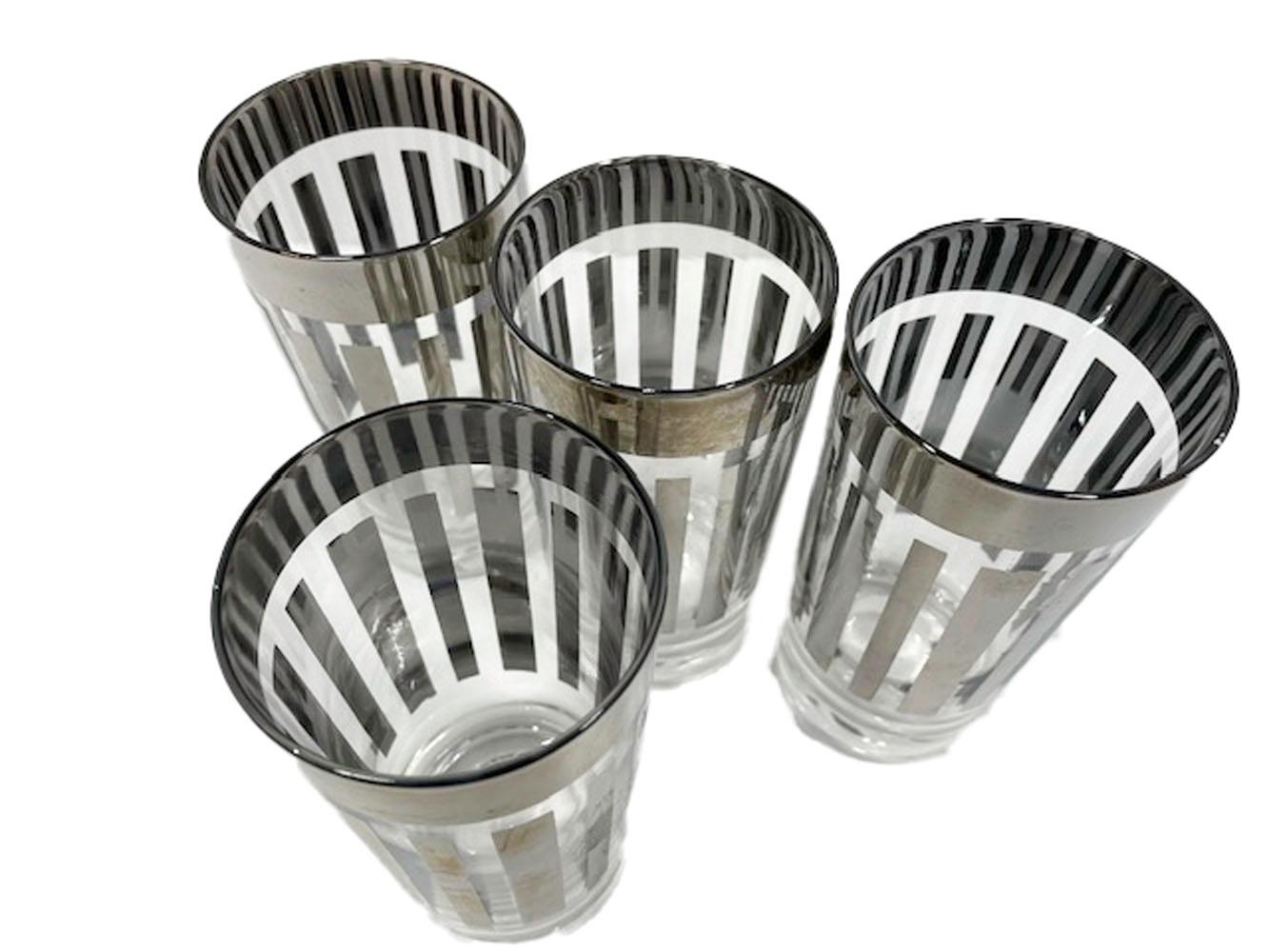 Art Deco Vintage Silver Decorated Highball Glasses with Vertical Bars below a Wide Band For Sale