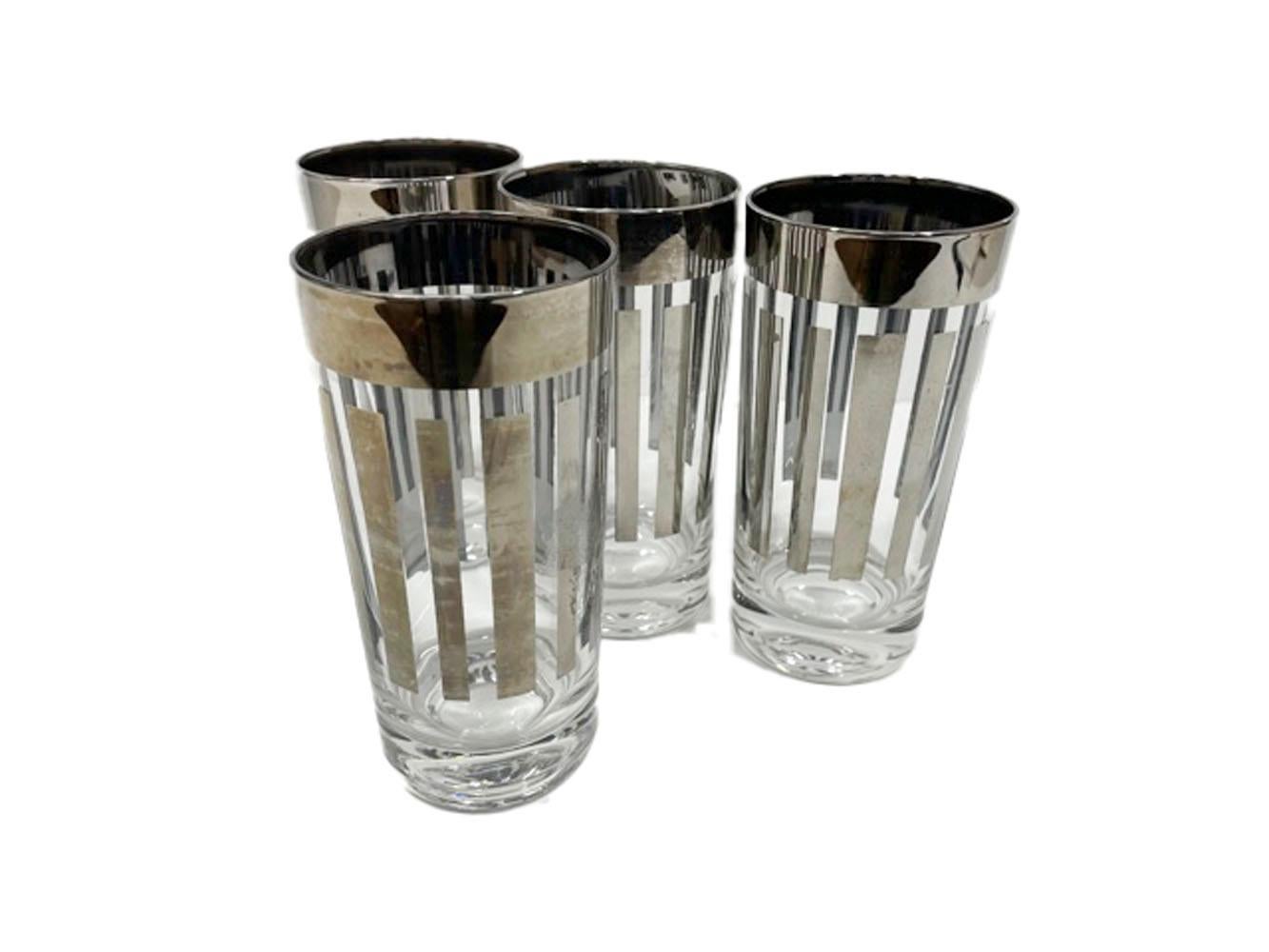 American Vintage Silver Decorated Highball Glasses with Vertical Bars below a Wide Band For Sale