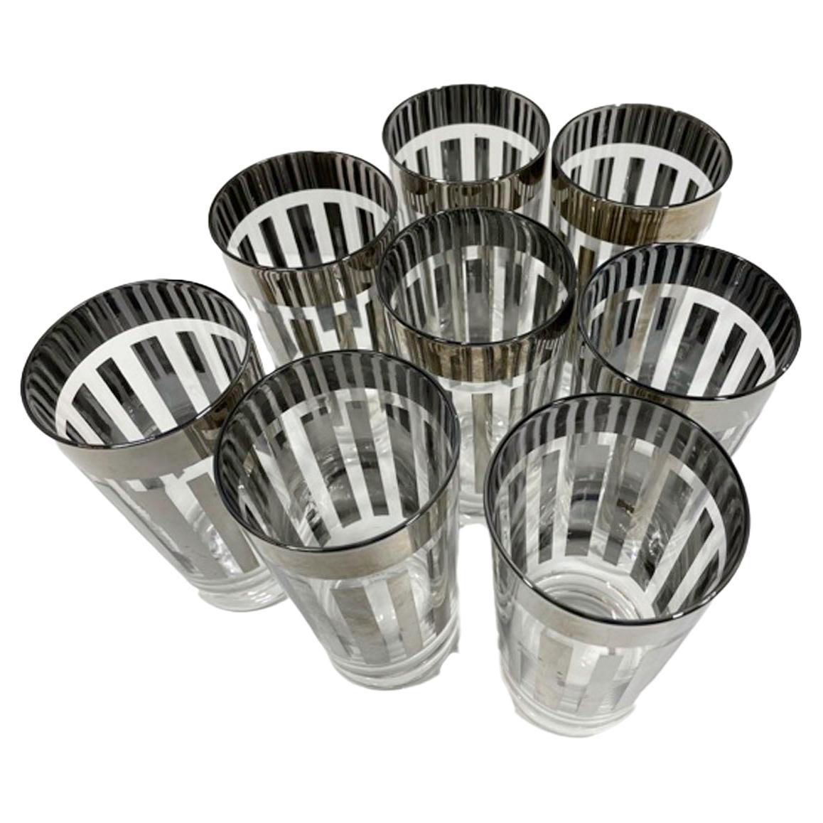 Vintage Silver Decorated Highball Glasses with Vertical Bars below a Wide Band For Sale