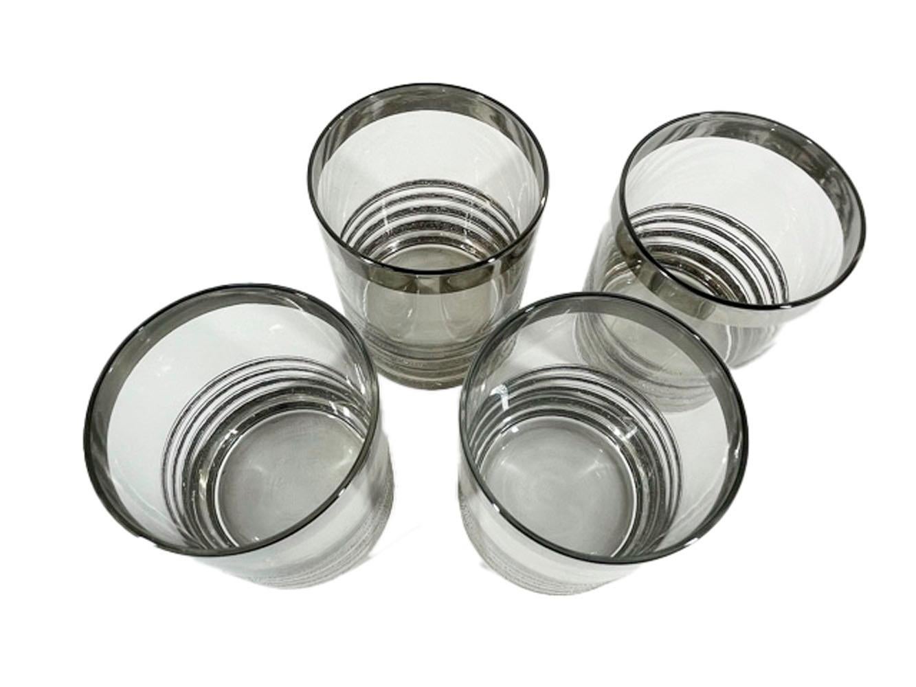 Mid-Century Modern Vintage Silver Decorated Rocks Glasses with Smooth and Textured Graduated Bands For Sale