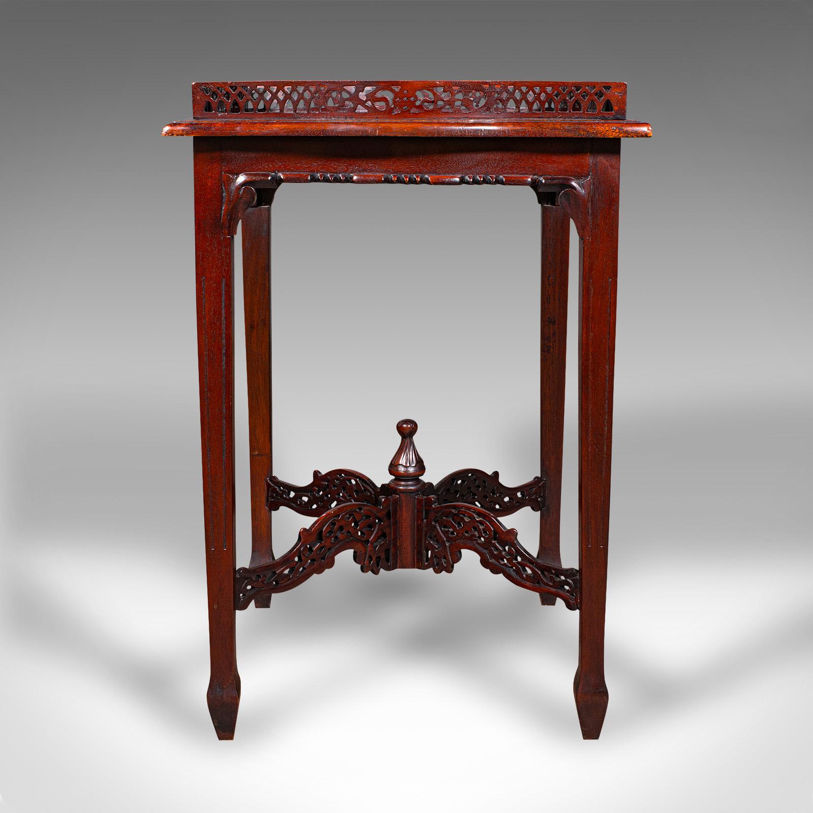 Chinese Vintage Silver Display Table, Oriental Mahogany, Side, Lamp, Chippendale Revival For Sale