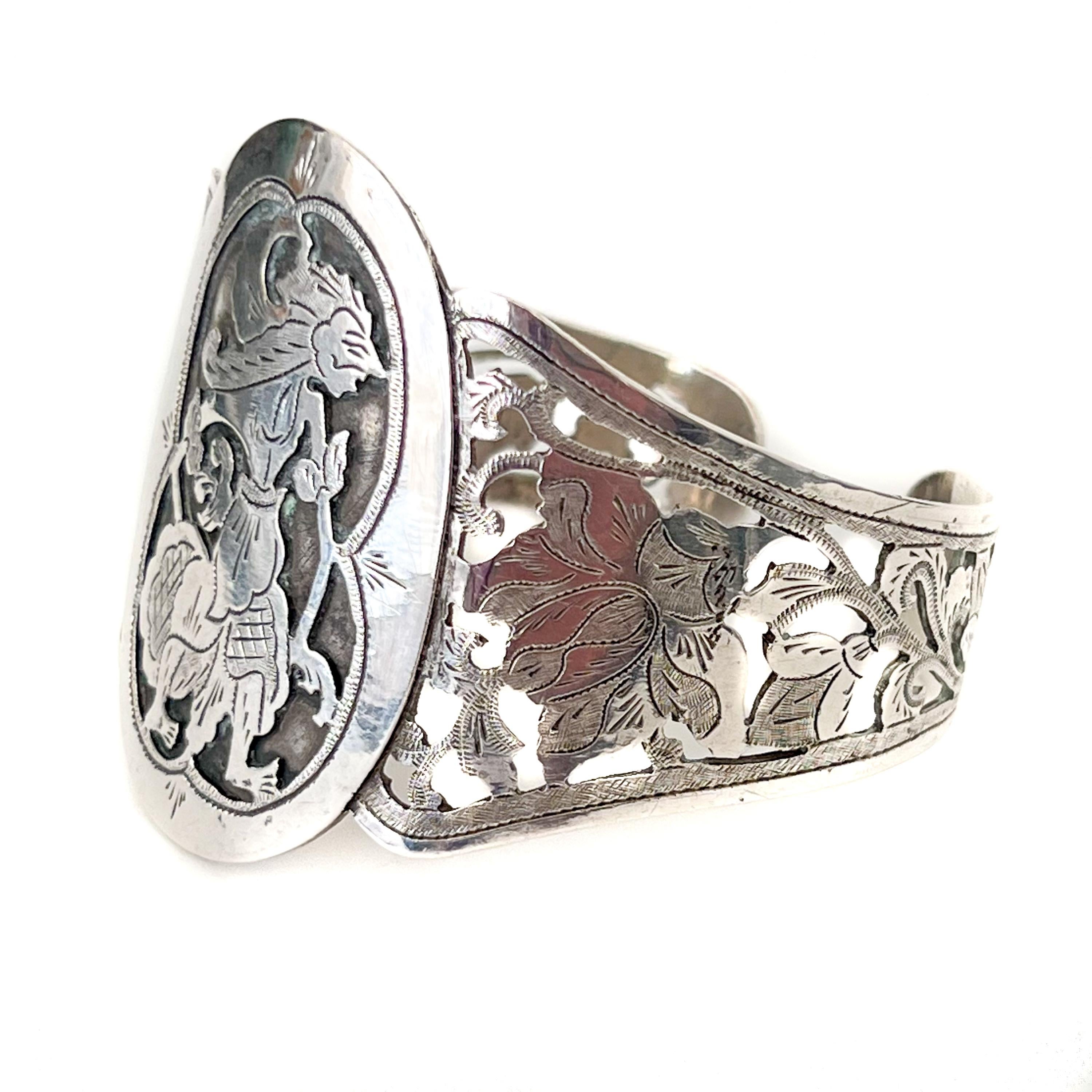 Artisan Vintage Silver Djokja Wayang Bracelet For Sale