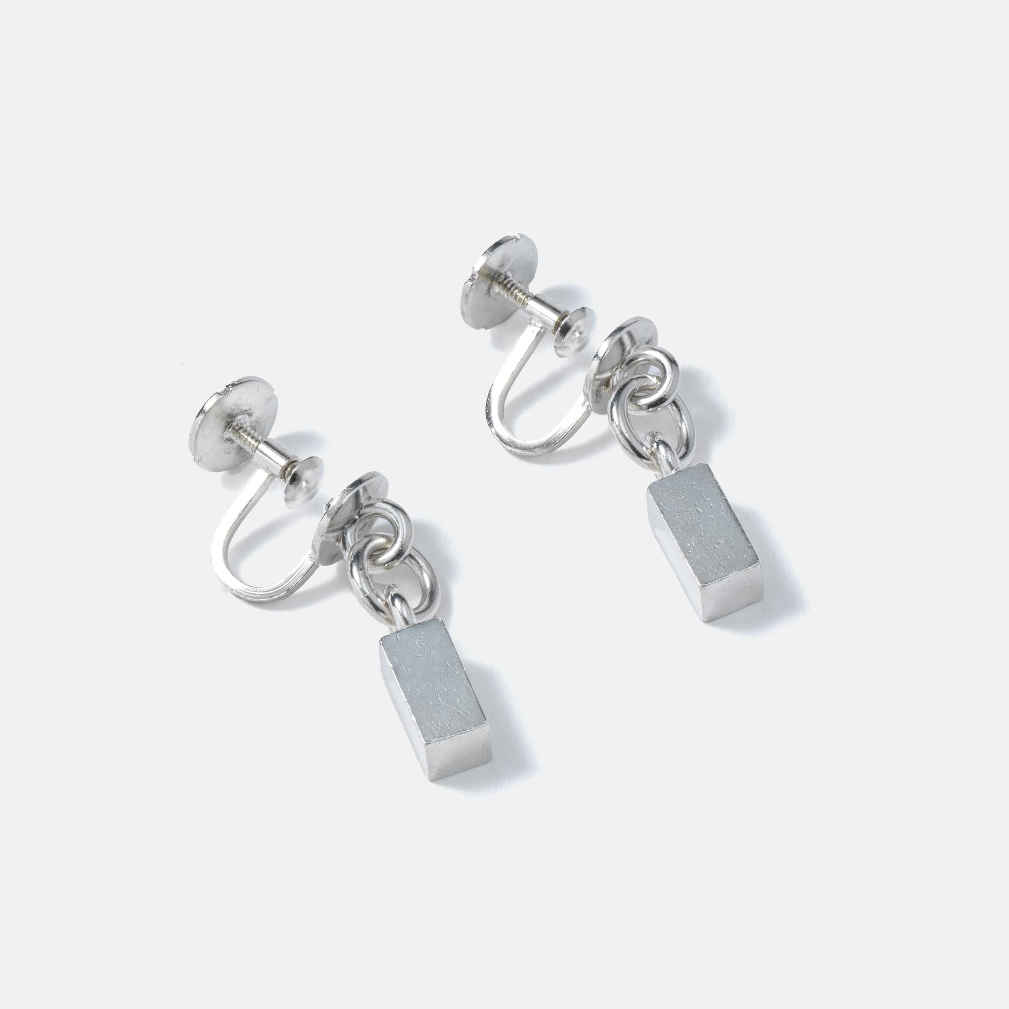 A pair of silver earrings made by Wiwen Nilsson, the most recogniced Swedish silversmith ever. This is a typical design for him using geometrical shapes for his jewelry.
Even the stamps are beautifully made, he was a perfectionist in all small