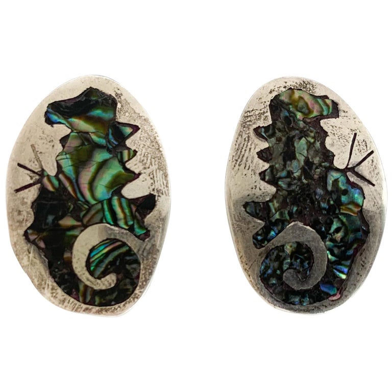 Vintage Silver Earrings W/ Abalone Shell Design For Sale